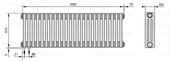 Схема (чертеж) Радиатор Zehnder Charleston 3057/23 №3370 Technoline TL